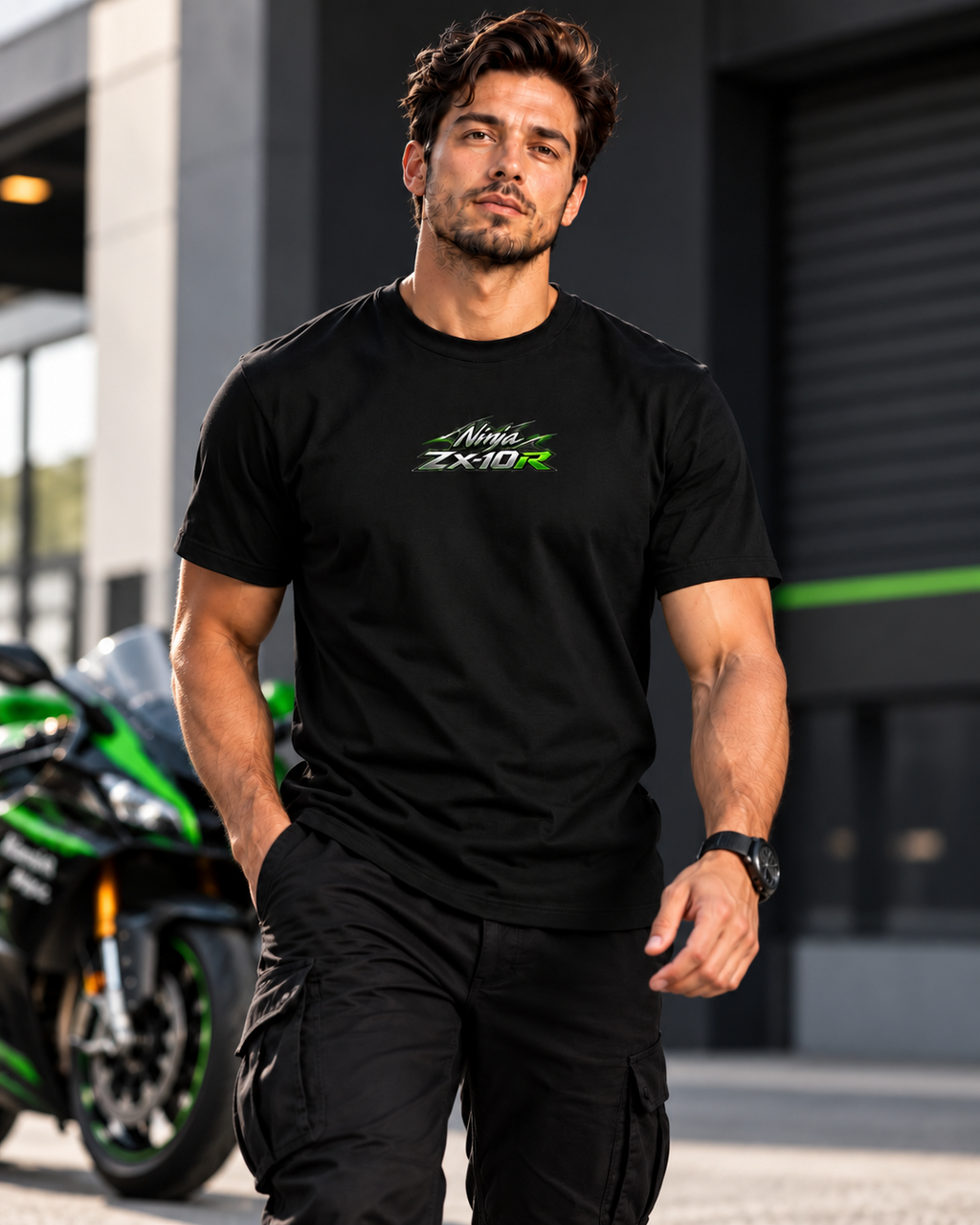T-shirt Ninja ZX-10R Kawasaki noir porté de face, petit logo sur la poitrine — SKL Motion