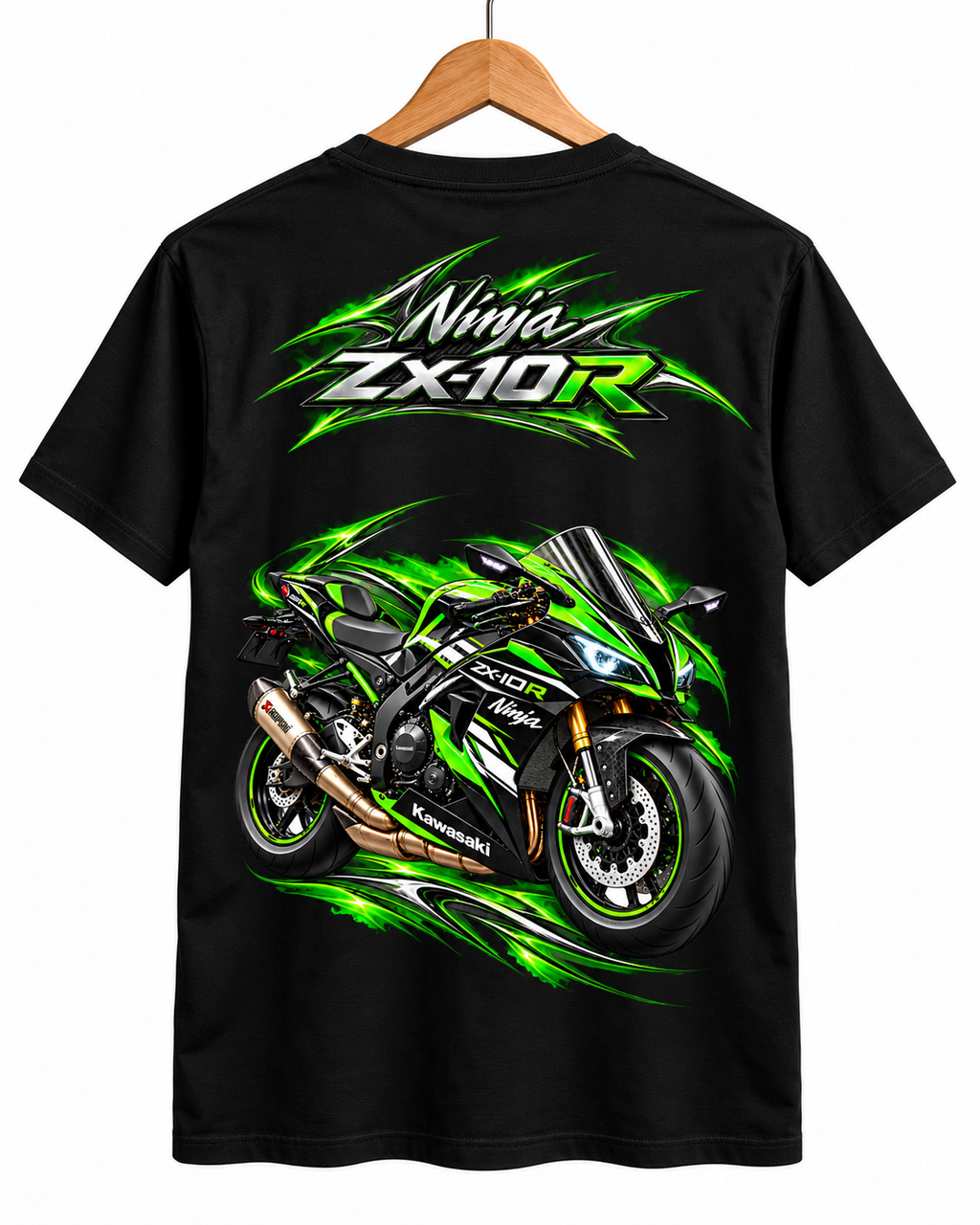 T-shirt Ninja ZX-10R Kawasaki noir sur cintre, grand visuel moto au dos — SKL Motion