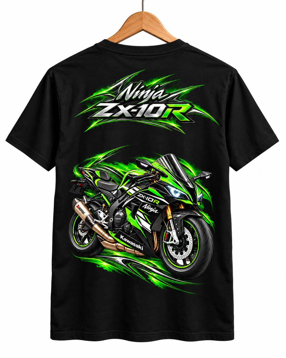 T-shirt Ninja ZX-10R Kawasaki noir sur cintre, grand visuel moto au dos — SKL Motion