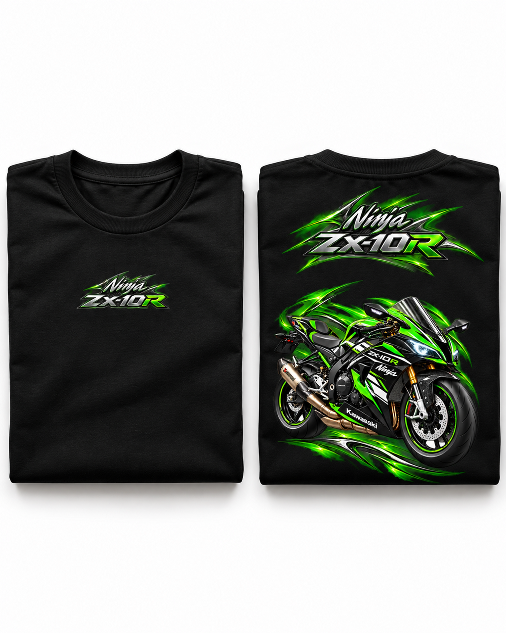 T-shirt Ninja ZX-10R Kawasaki noir présenté à plat, vues de face et de dos — SKL Motion