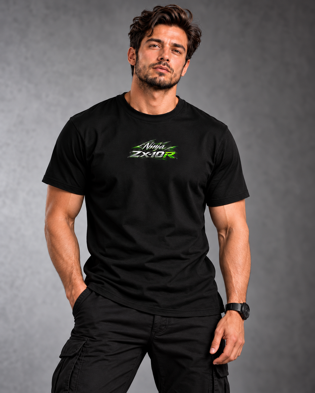 T-shirt Ninja ZX-10R Kawasaki noir porté de face, petit logo sur la poitrine — SKL Motion