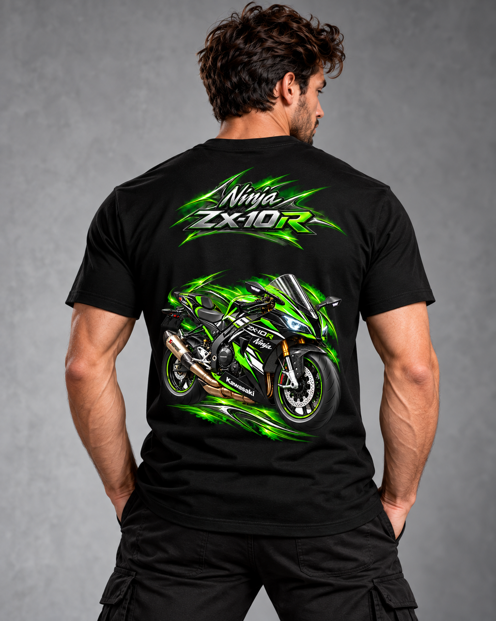 T-shirt Ninja ZX-10R Kawasaki noir porté de dos, grand visuel moto — SKL Motion