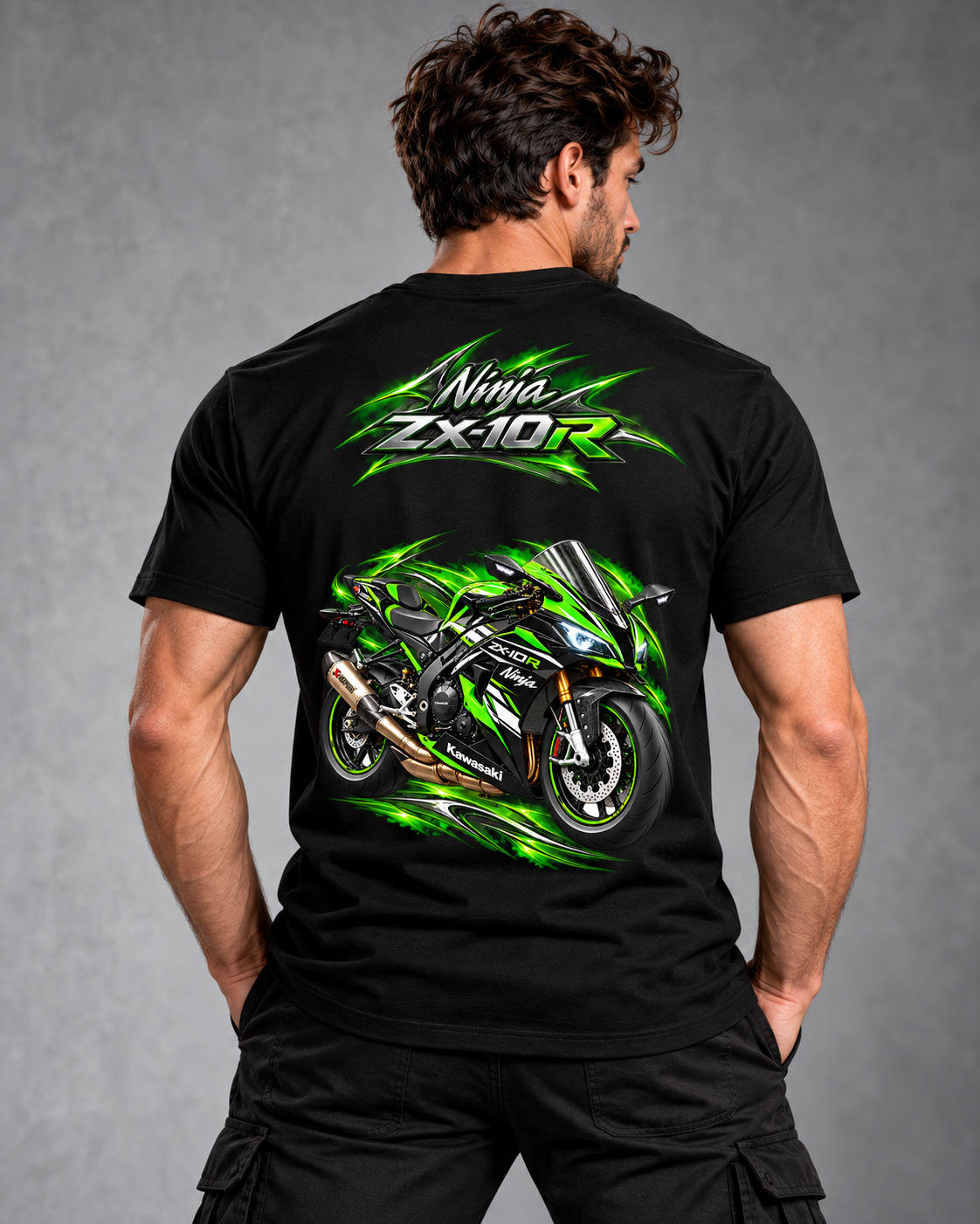 T-shirt Ninja ZX-10R Kawasaki noir porté de dos, grand visuel moto — SKL Motion