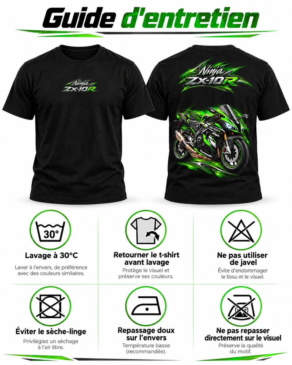 Guide d’entretien du t-shirt Ninja ZX-10R noir