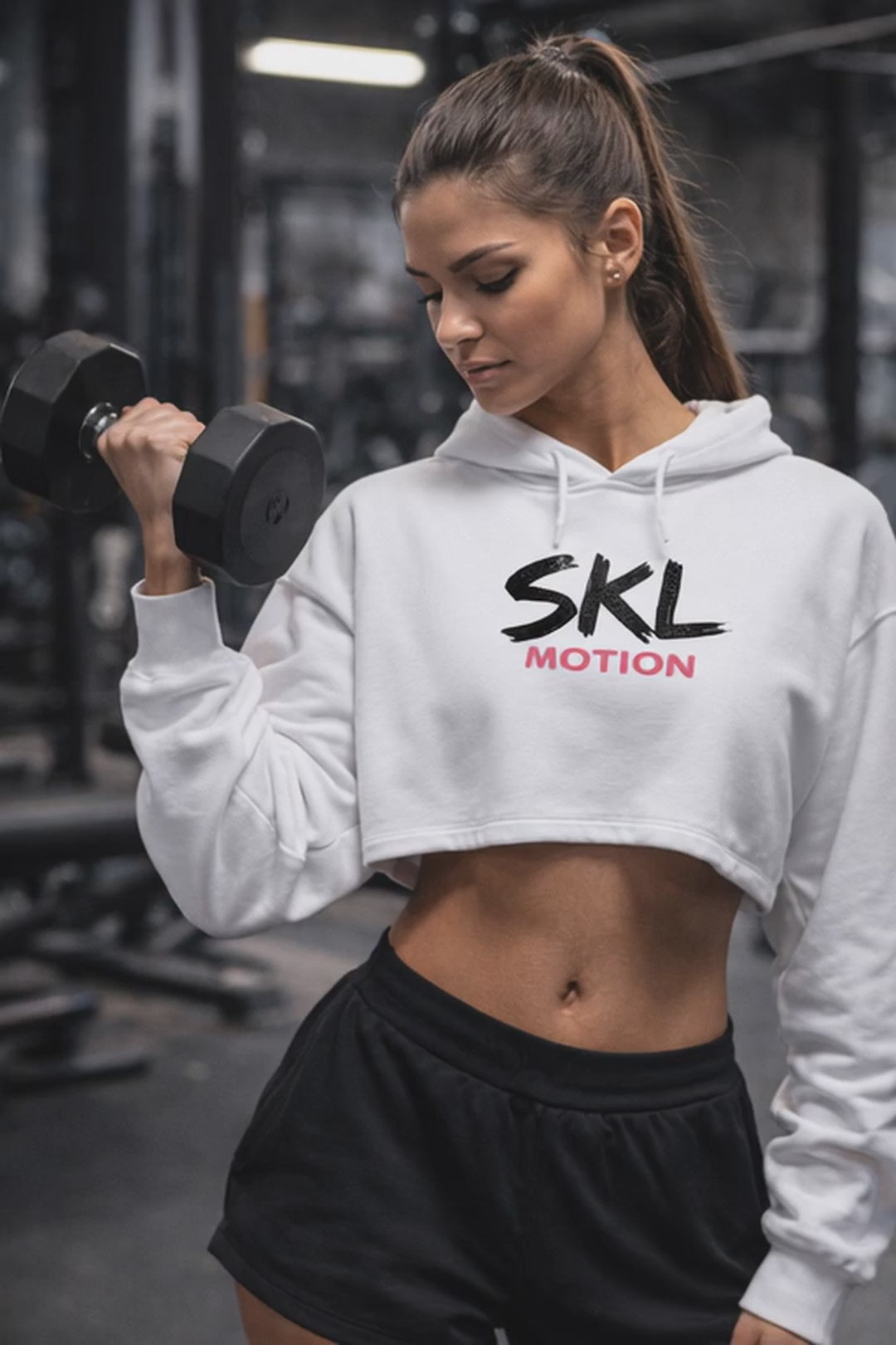 Crop Hoodie Femme Fitness – Gym Girl SKL Motion – Sweat Court Sport Blanc