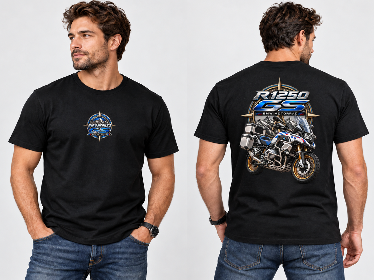 T-shirt R1250 GS noir porté, vue de face et de dos