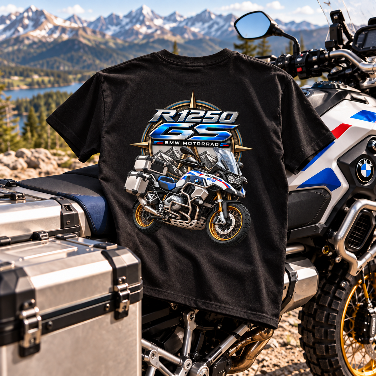 T-shirt R1250 GS noir posé sur une moto, vue de dos