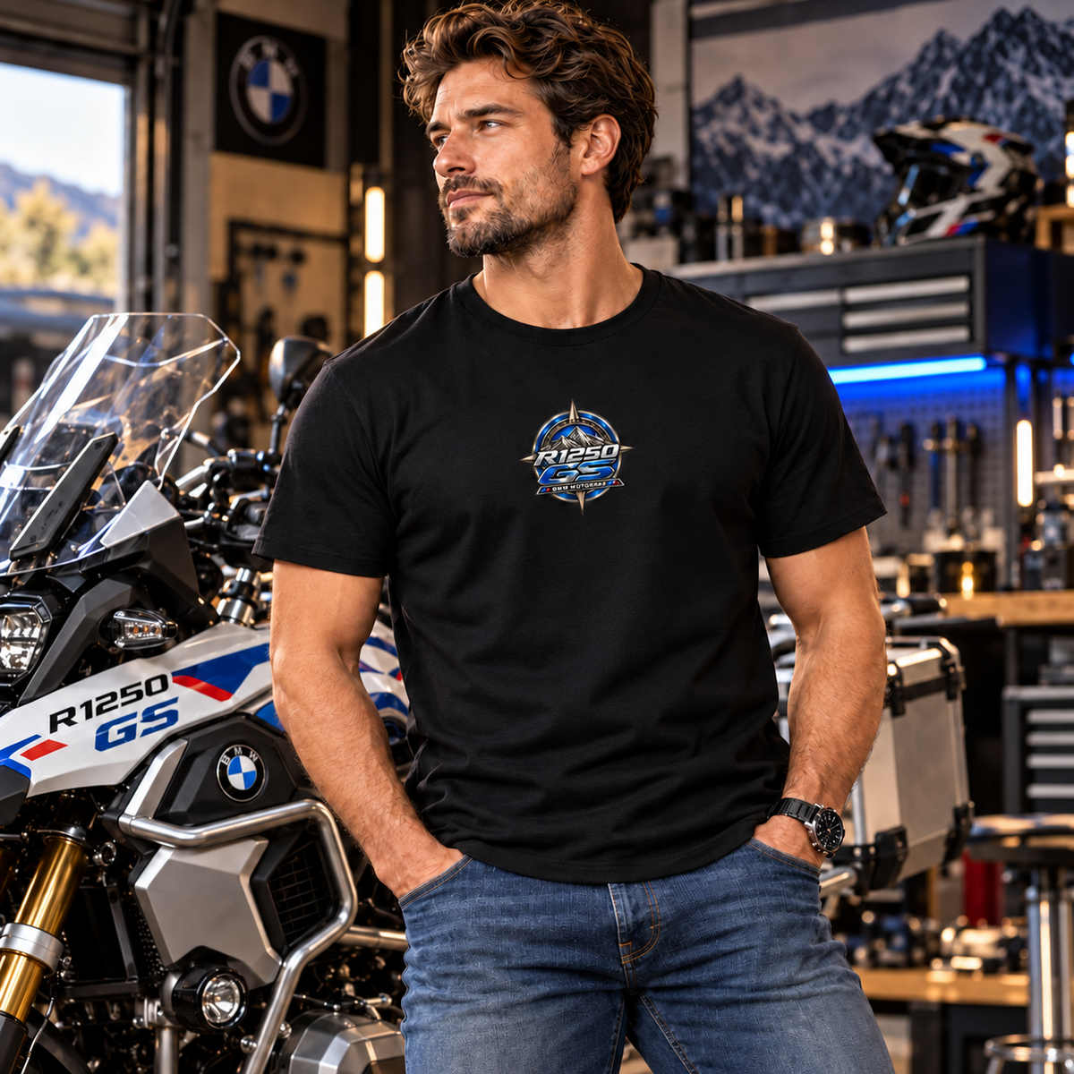 T-shirt R1250 GS noir porté de face en atelier moto