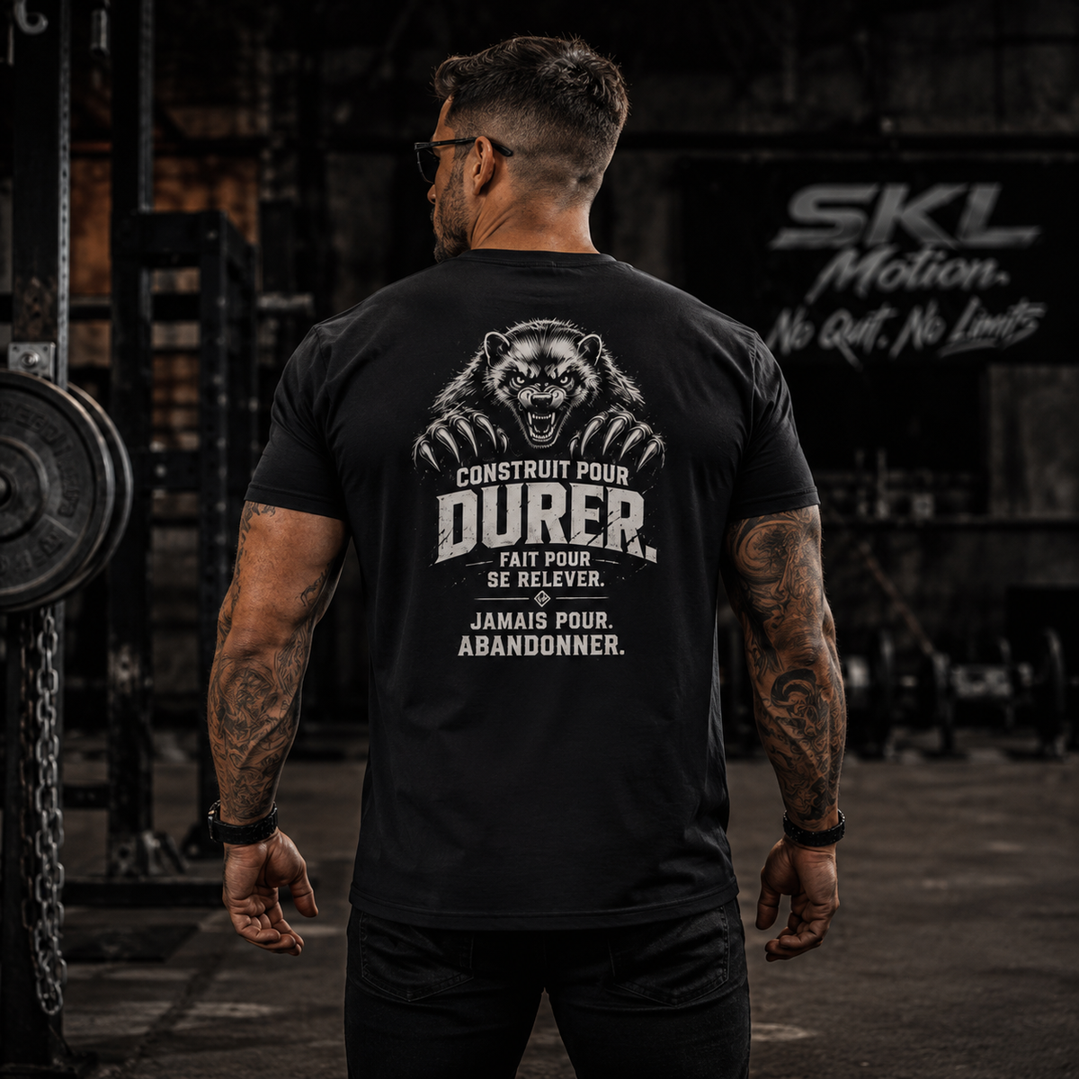 T-shirt premium noir SKL Motion Construit pour durer porté de dos, visuel glouton complet