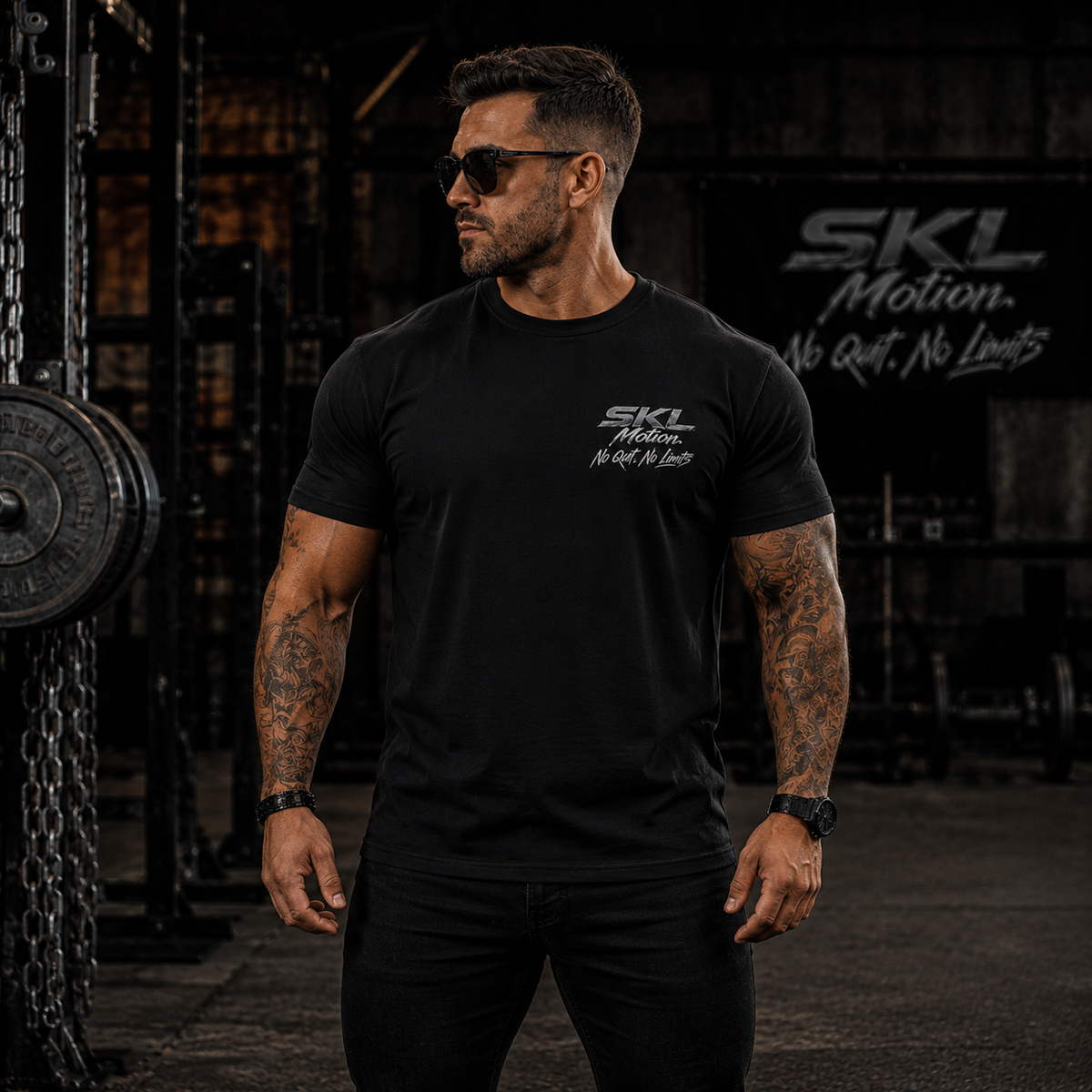 T-shirt premium noir SKL Motion porté de face avec logo chrome côté cœur