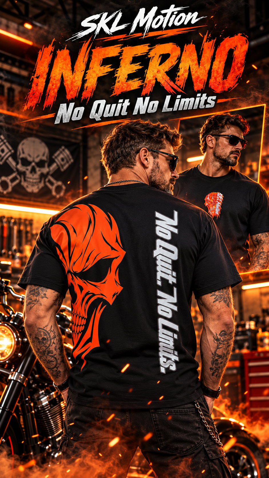 Affiche SKL Motion INFERNO, design tête de mort biker orange