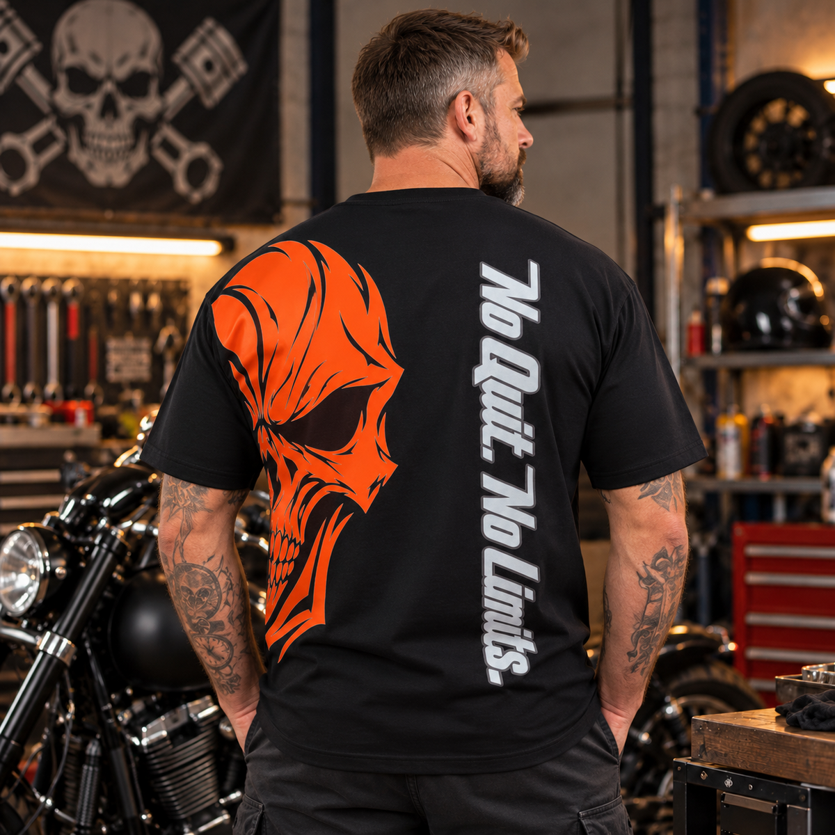 T-shirt INFERNO biker noir de dos sur mannequin, crâne orange et slogan No Quit No Limits