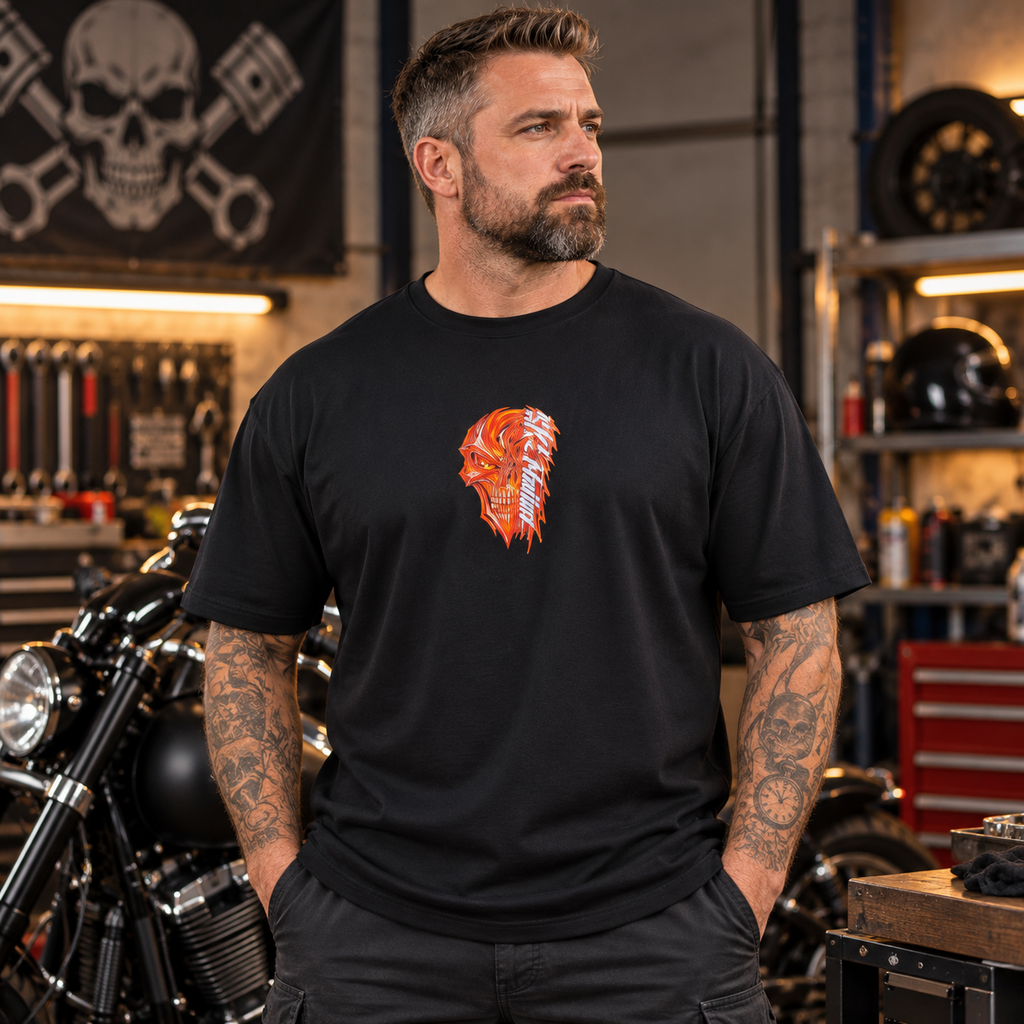 T-shirt INFERNO noir de face porté, petit crâne orange au milieu du torse