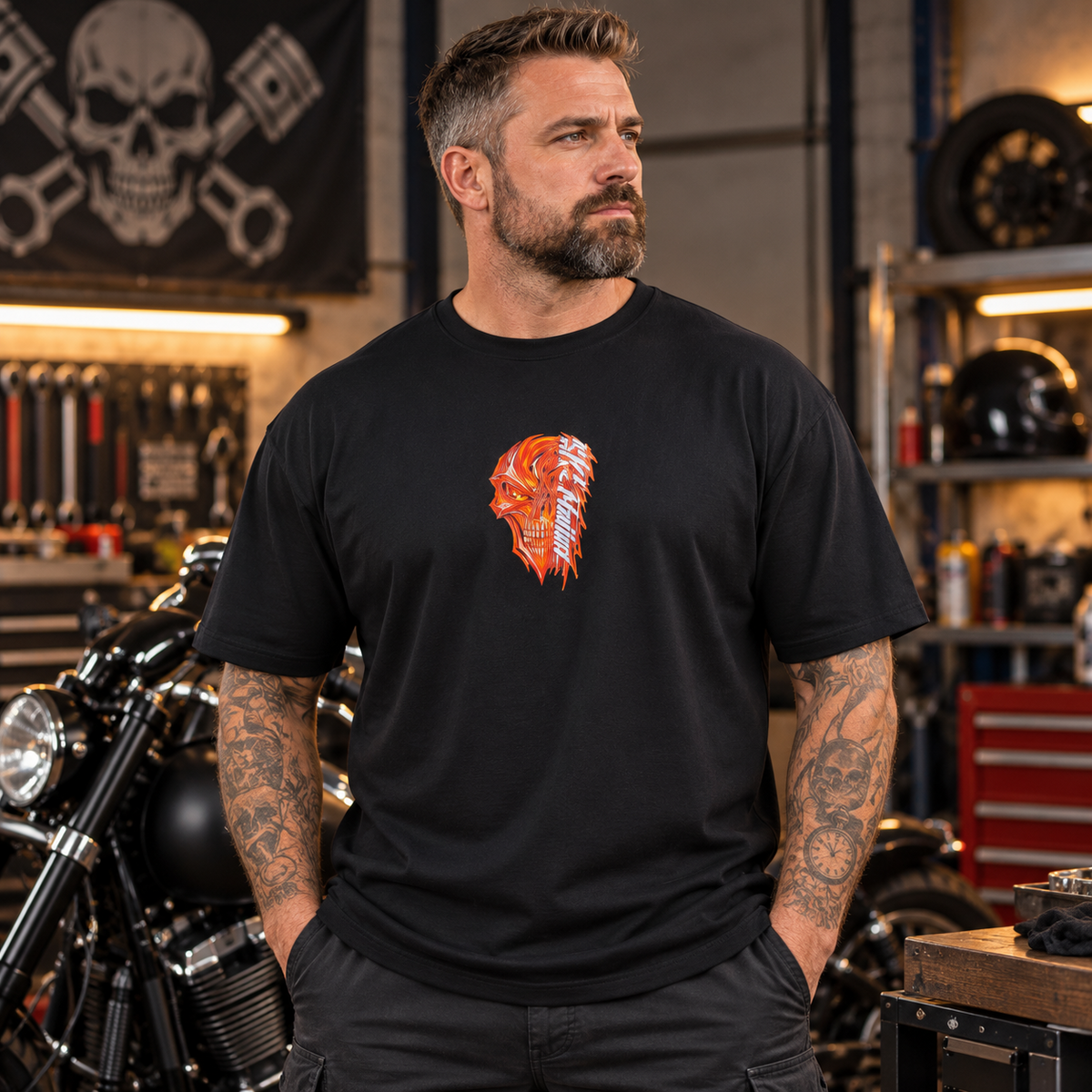 T-shirt INFERNO noir de face porté, petit crâne orange au milieu du torse