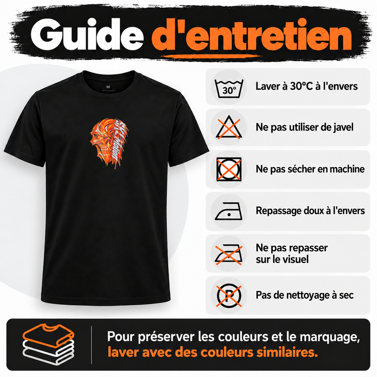 Guide d'entretien T-shirt imprimé INFERNO, lavage 30 degrés à l'envers