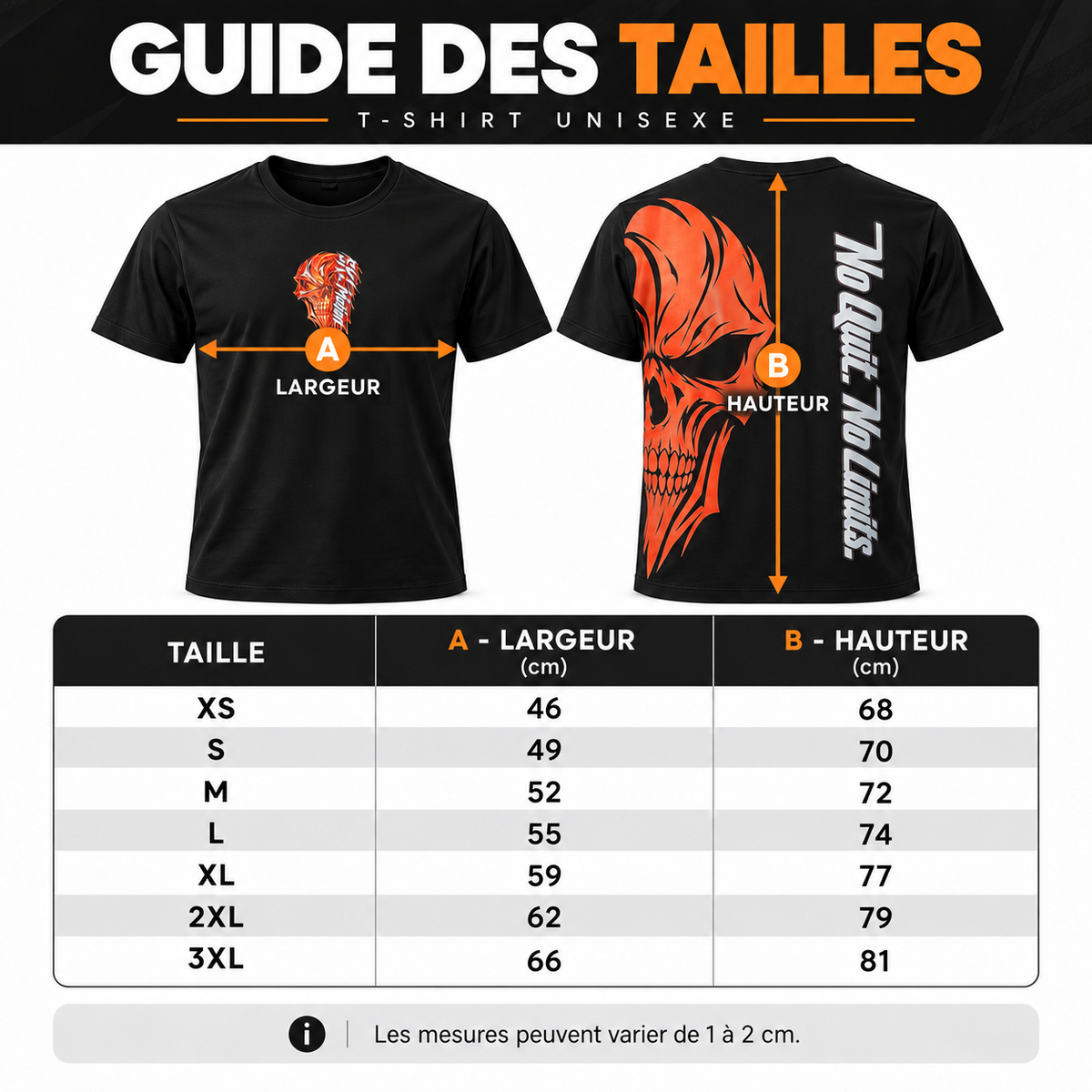 Guide des tailles T-shirt INFERNO XS à 3XL, largeur et longueur