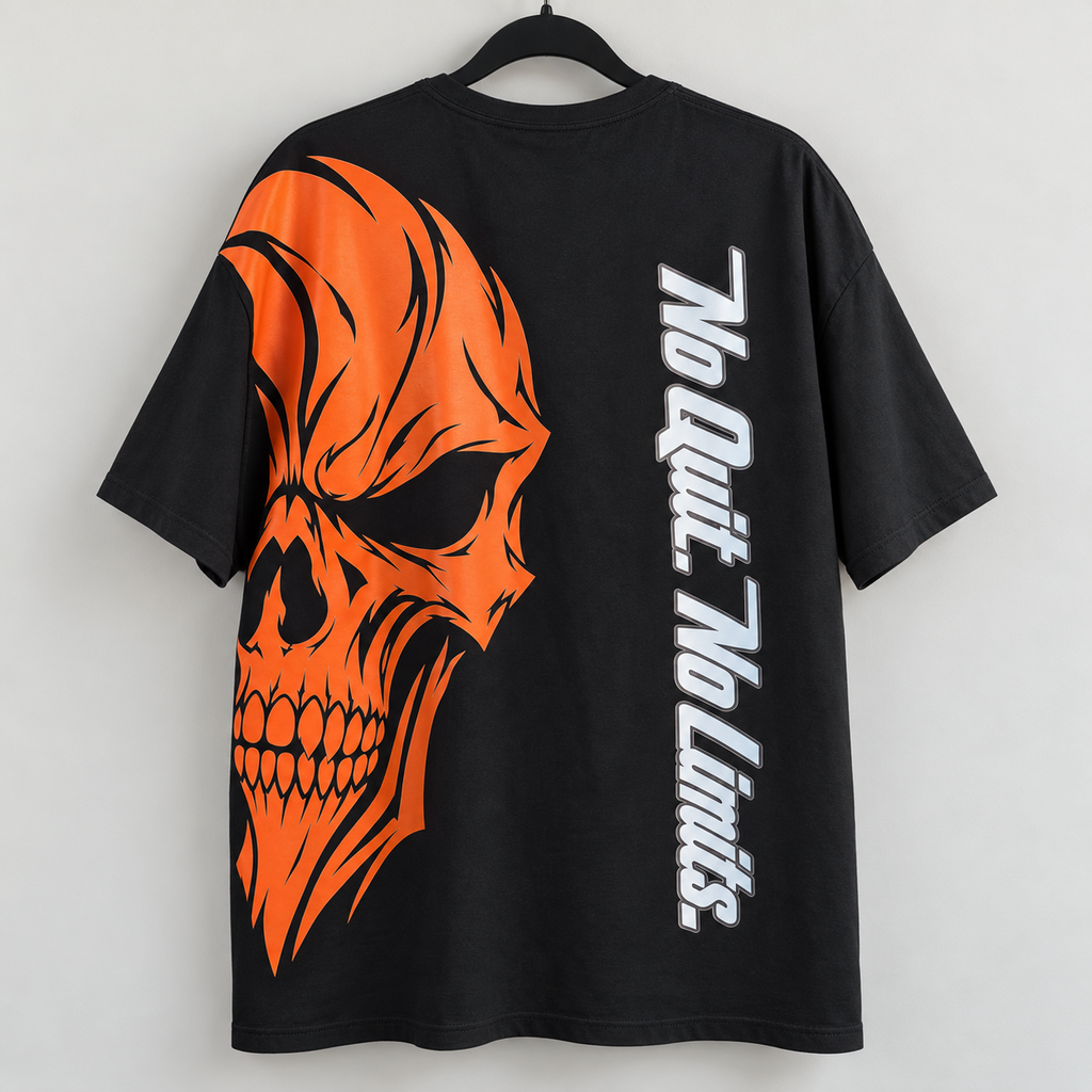T-shirt INFERNO noir sur cintre vue de dos, grand motif tête de mort