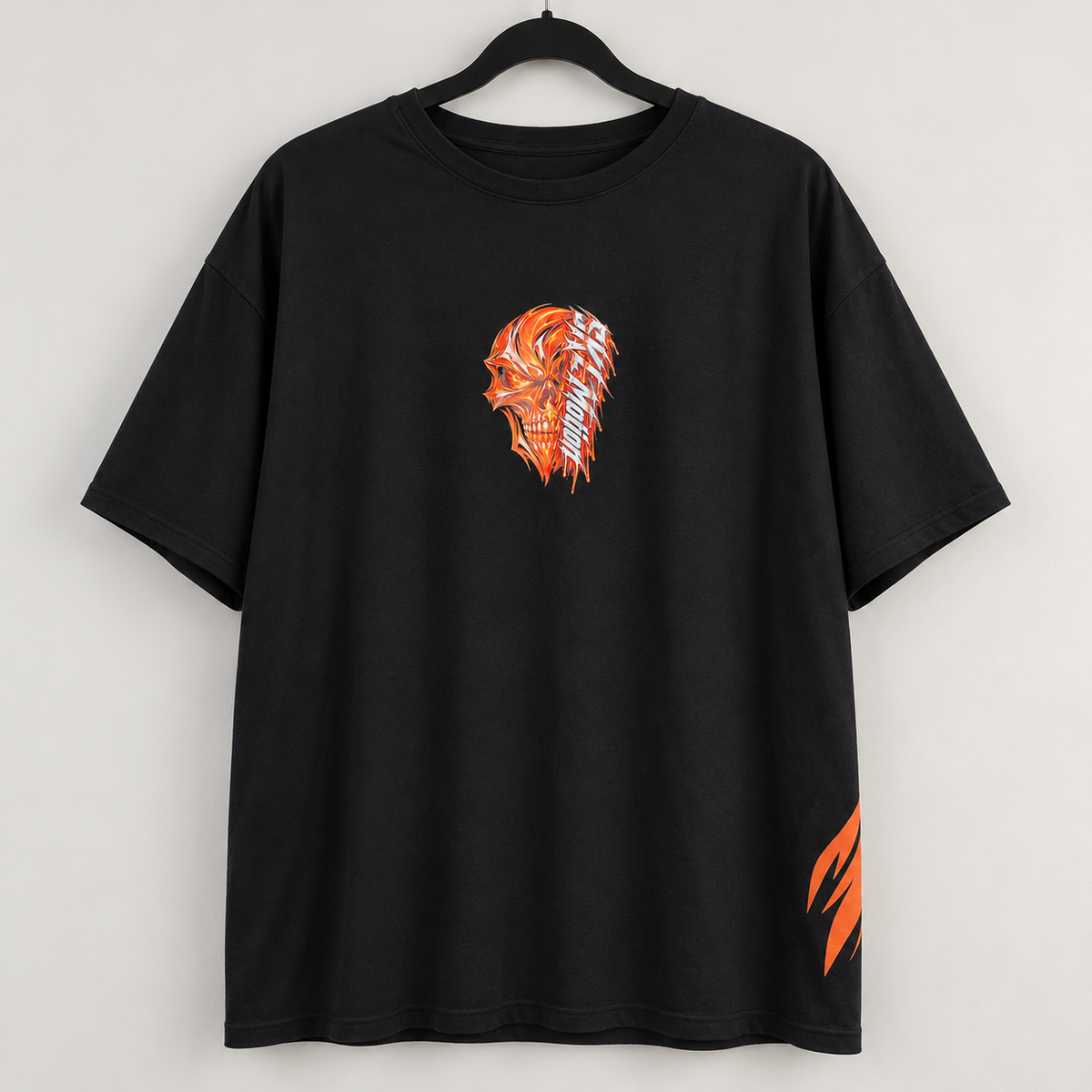 T-shirt INFERNO noir sur cintre vue de face, imprimé DTF central