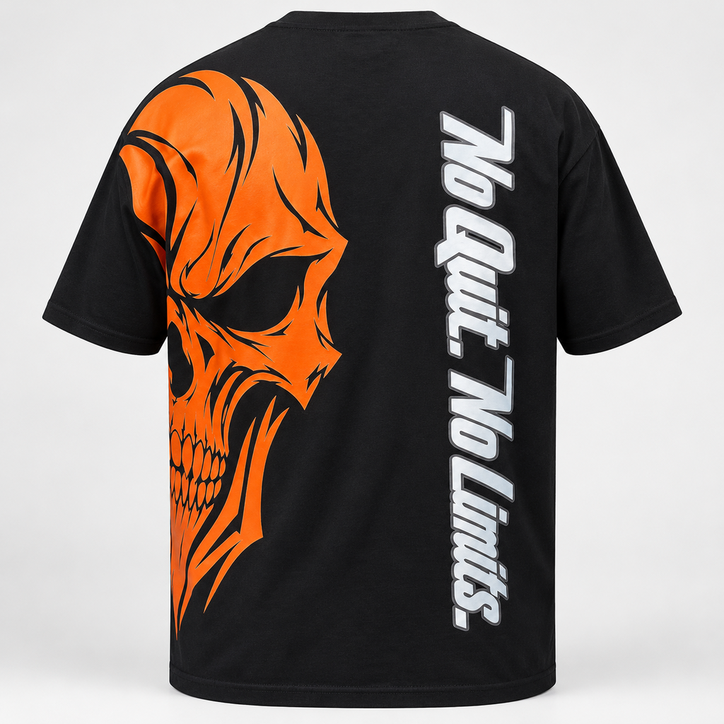 T-shirt biker INFERNO noir vue de dos en studio, crâne orange et inscription argentée