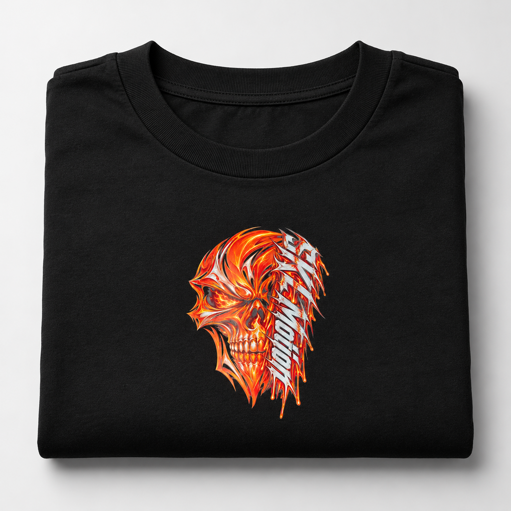 T-shirt biker INFERNO noir plié en quatre, crâne enflammé