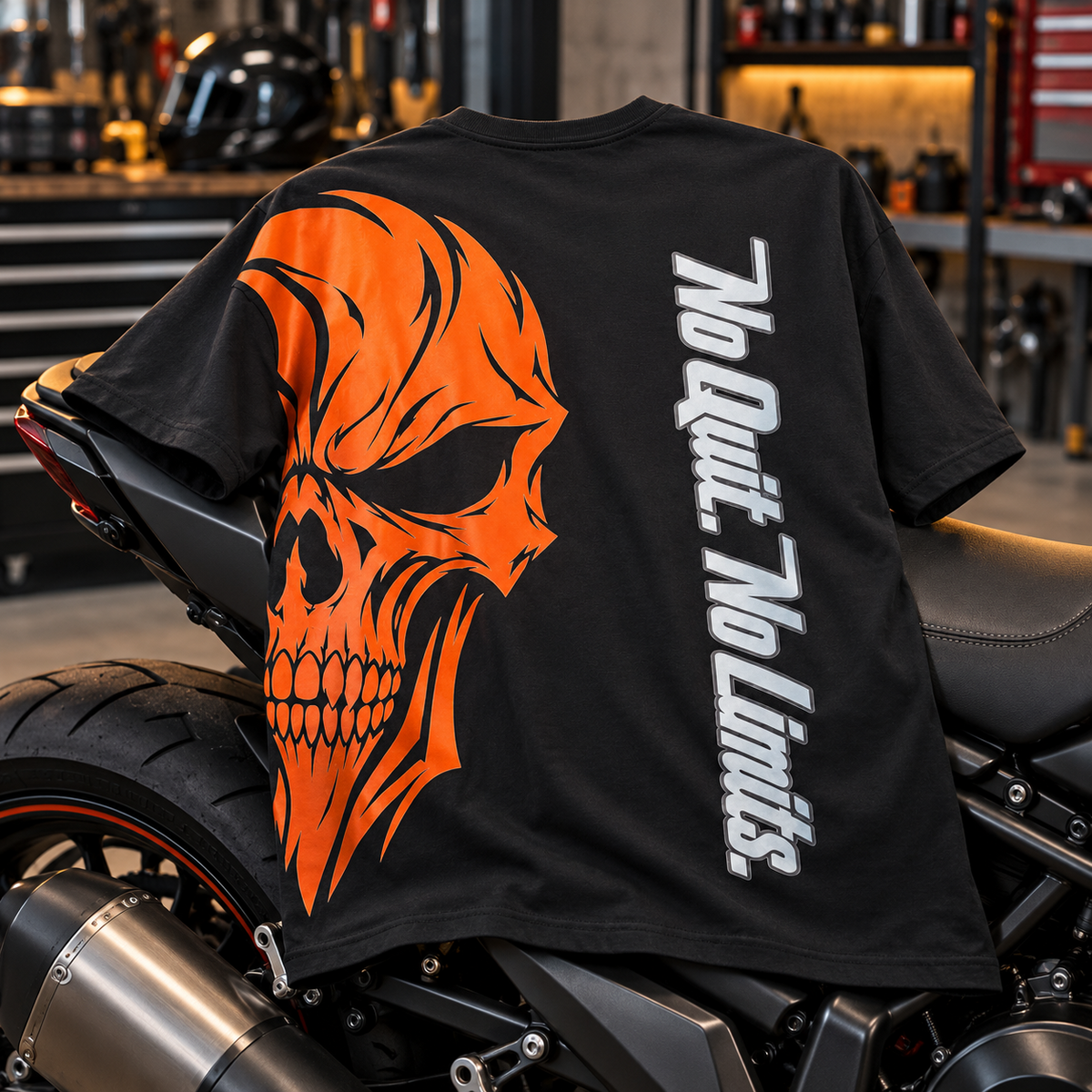 T-shirt INFERNO noir sur une moto custom, grand imprimé orange de dos