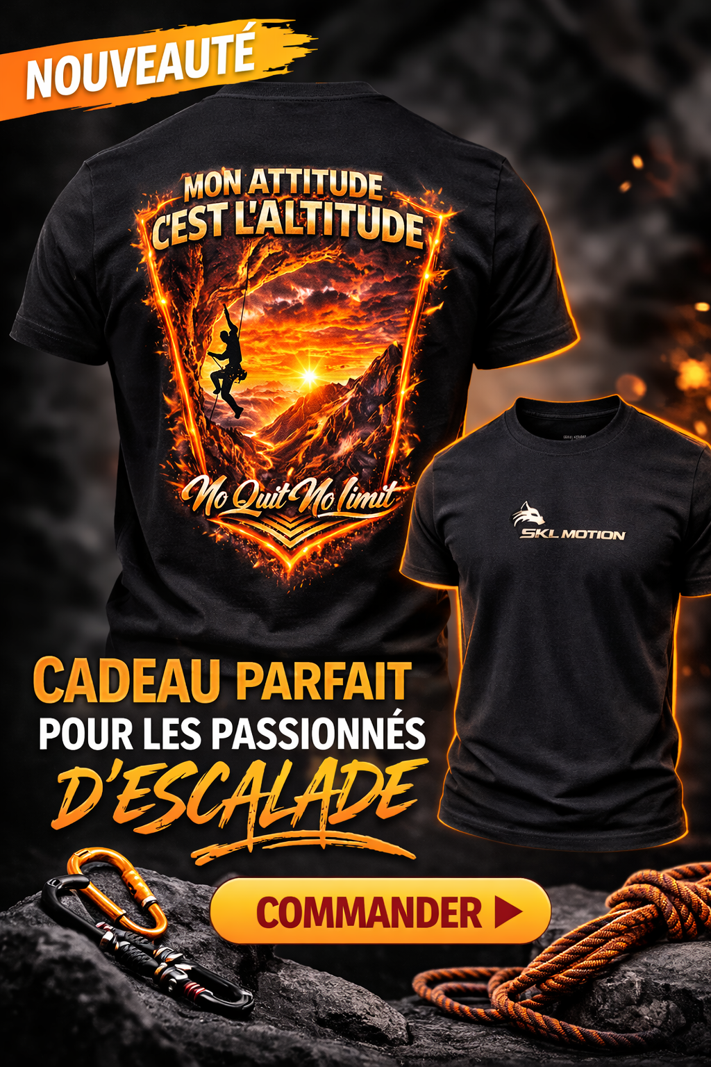 T-shirt Escalade SKL Motion Grimpeur Homme Femme – Design Montagne Soleil Volcan Nuit Voie Lactée