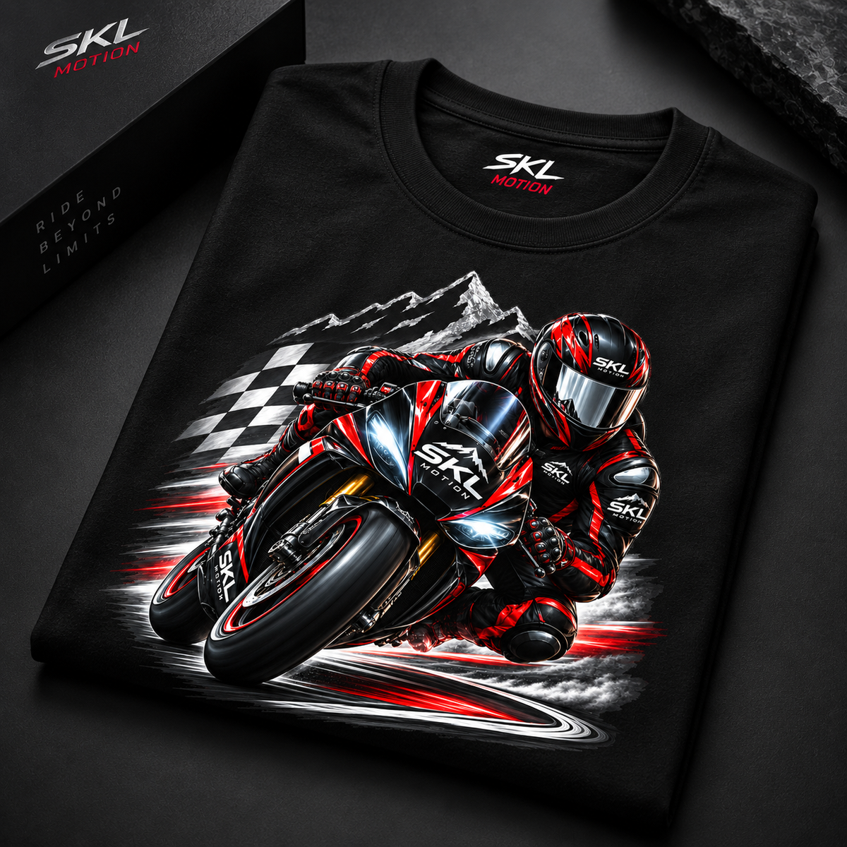 Détail du design Moto Sportive Racing SKL Motion noir et rouge