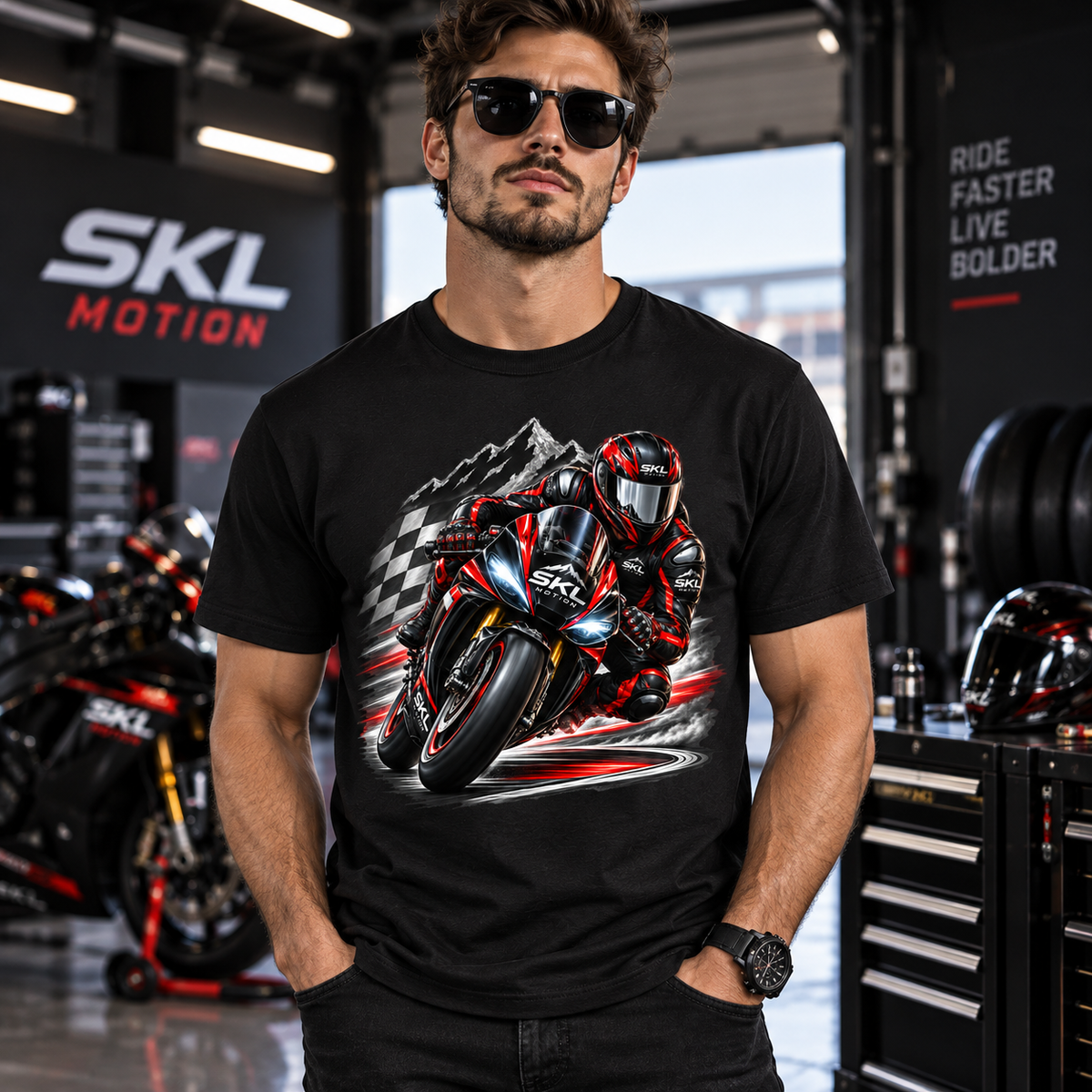 T-shirt Moto Sportive Racing SKL Motion noir porté de face