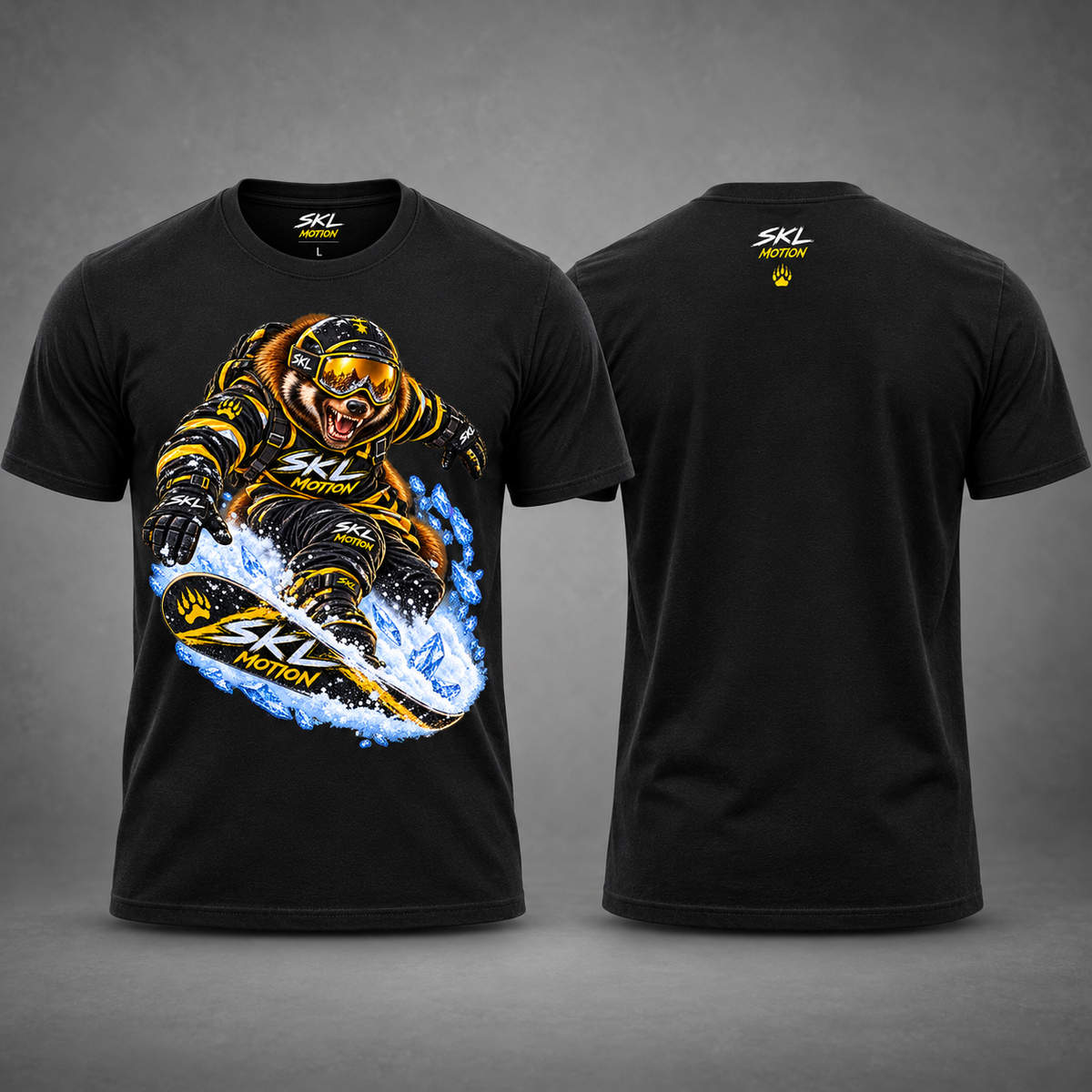 T-shirt snowboard Wolverine Glouton SKL Motion, vues face et dos en studio