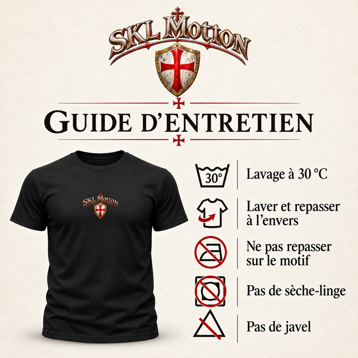 T-shirt Templier Force & Honneur noir SKL Motion — guide entretien