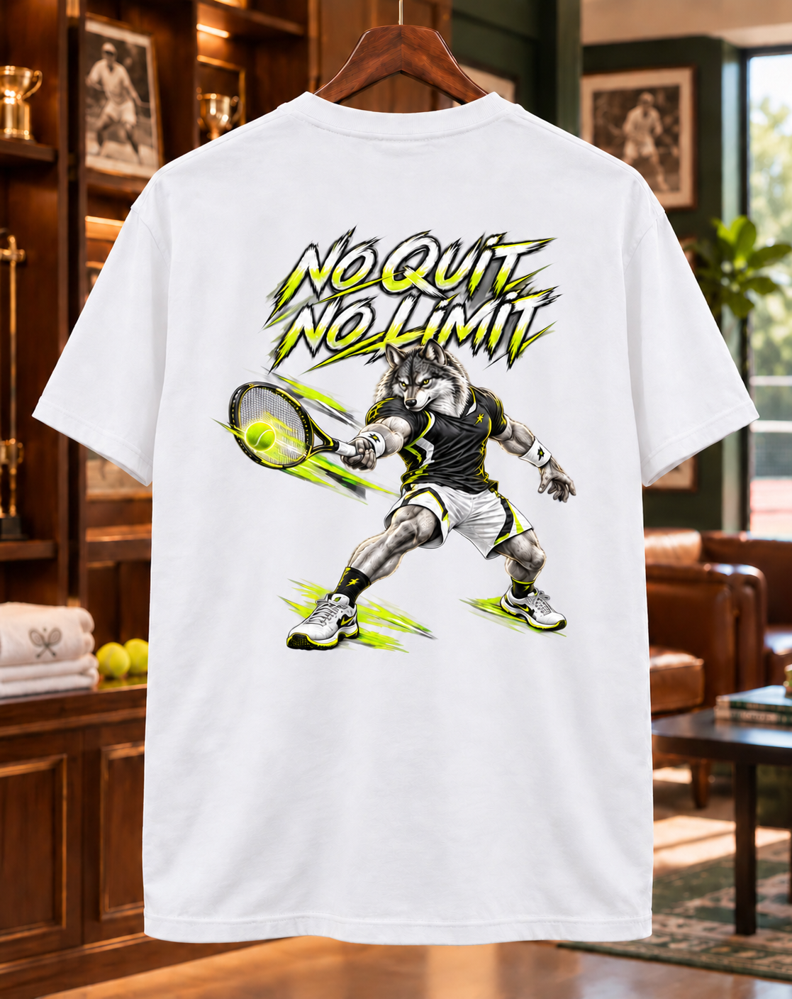 T-shirt tennis blanc SKL Motion, motif dos centré No Quit No Limit et mascotte tennis