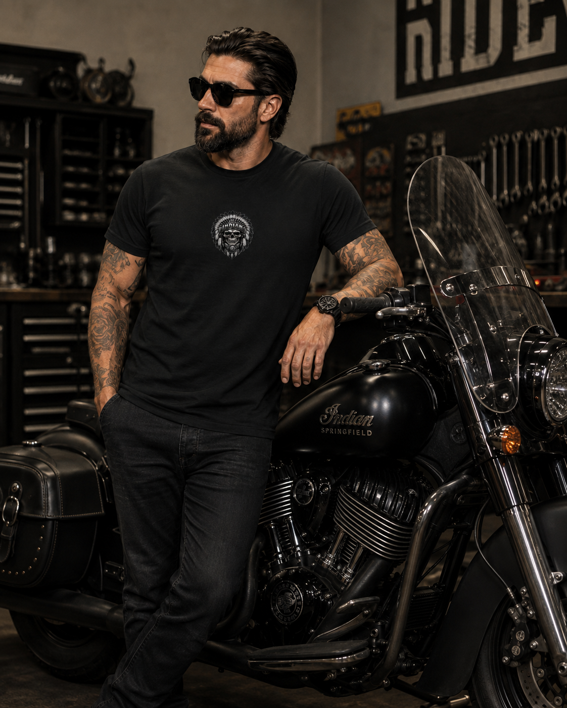 T-shirt moto Indian springfield noir – Gildan Softstyle – XS à 3XL – SKL Motion