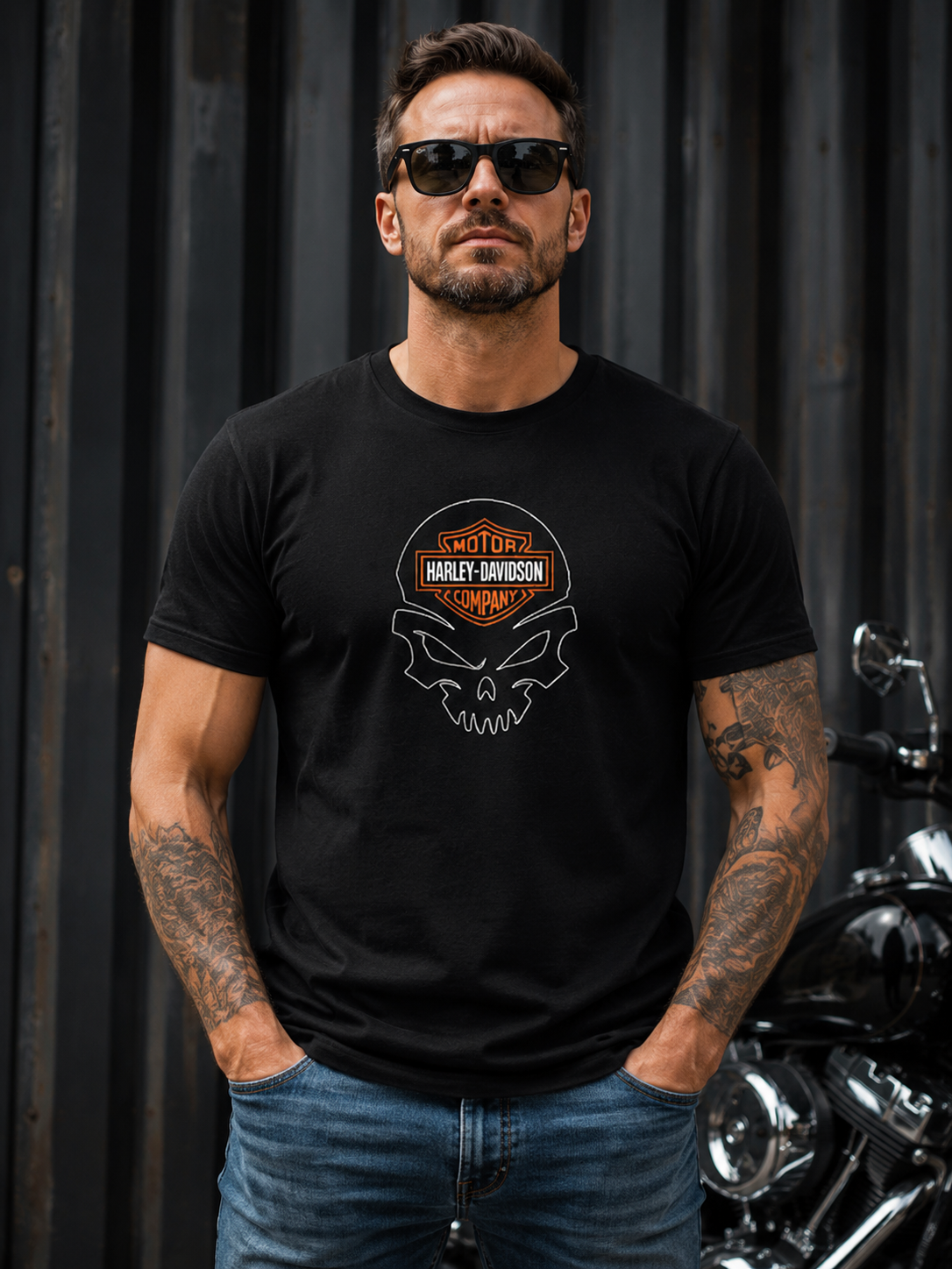 T-Shirt Moto Style Harley Fat Boy Noir | T-Shirt Motard Homme | Impression Avant & Dos XXL | SKL Motion