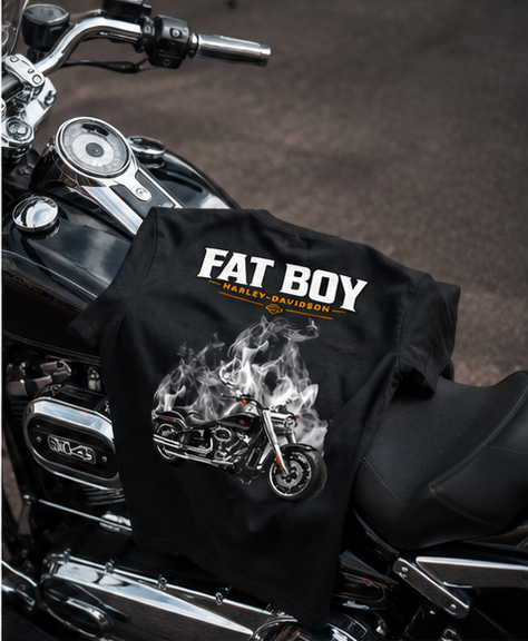 T-Shirt Moto Style Harley Fat Boy Noir | T-Shirt Motard Homme | Impression Avant & Dos XXL | SKL Motion