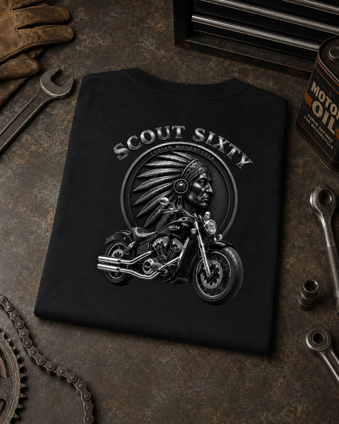 T-shirt Indian Scout Sixty noir unisexe – Motif moto biker recto dos | SKL Motion