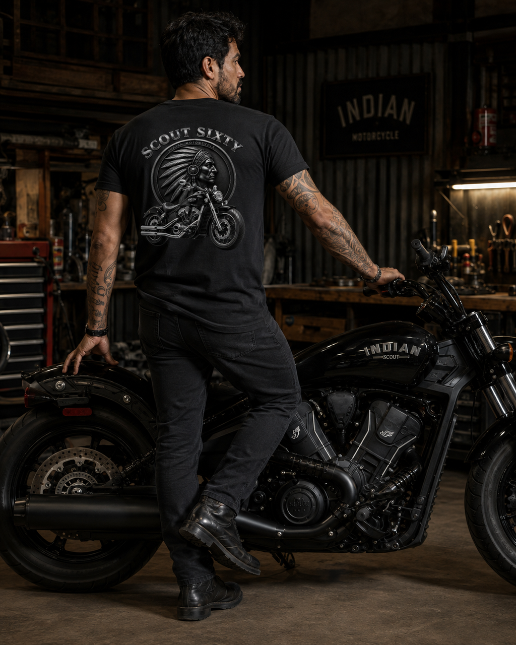 T-shirt Indian Scout Sixty noir unisexe – Motif moto biker recto dos | SKL Motion