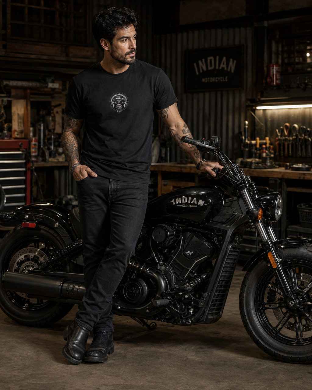 T-shirt Indian Scout Sixty noir unisexe – Motif moto biker recto dos | SKL Motion