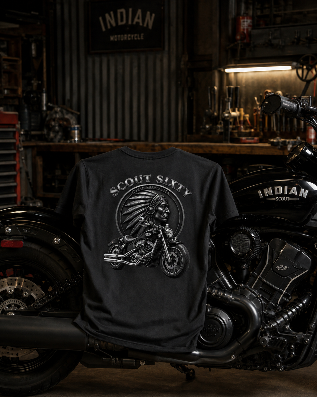 T-shirt Indian Scout Sixty noir unisexe – Motif moto biker recto dos | SKL Motion