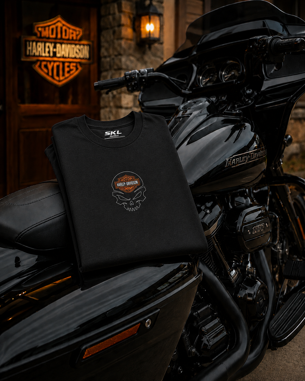 T-Shirt Moto Style Harley Road Glide Noir | T-Shirt Motard Homme | Impression Avant & Dos XXL | SKL Motion