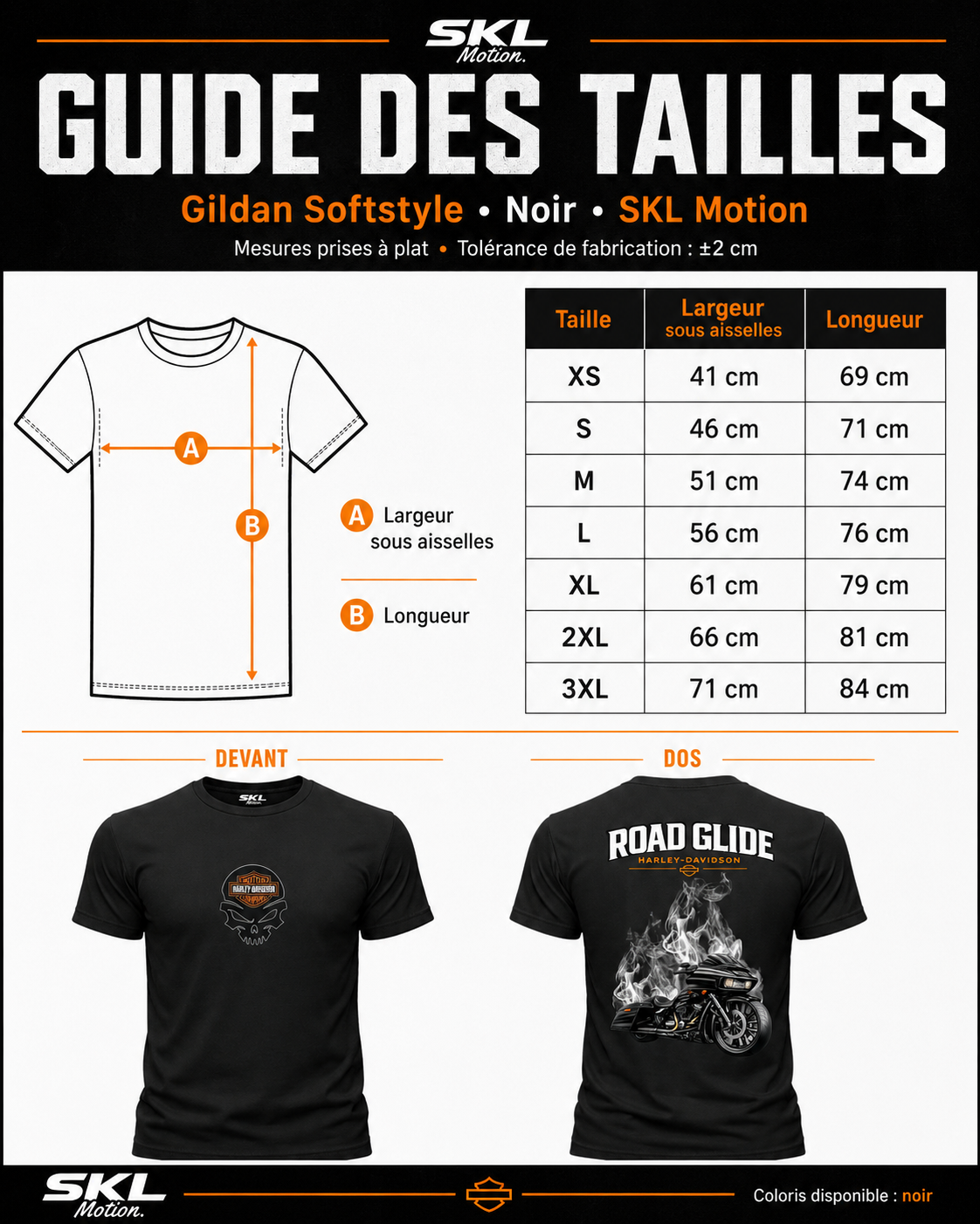 T-Shirt Moto Style Harley Road Glide Noir | T-Shirt Motard Homme | Impression Avant & Dos XXL | SKL Motion