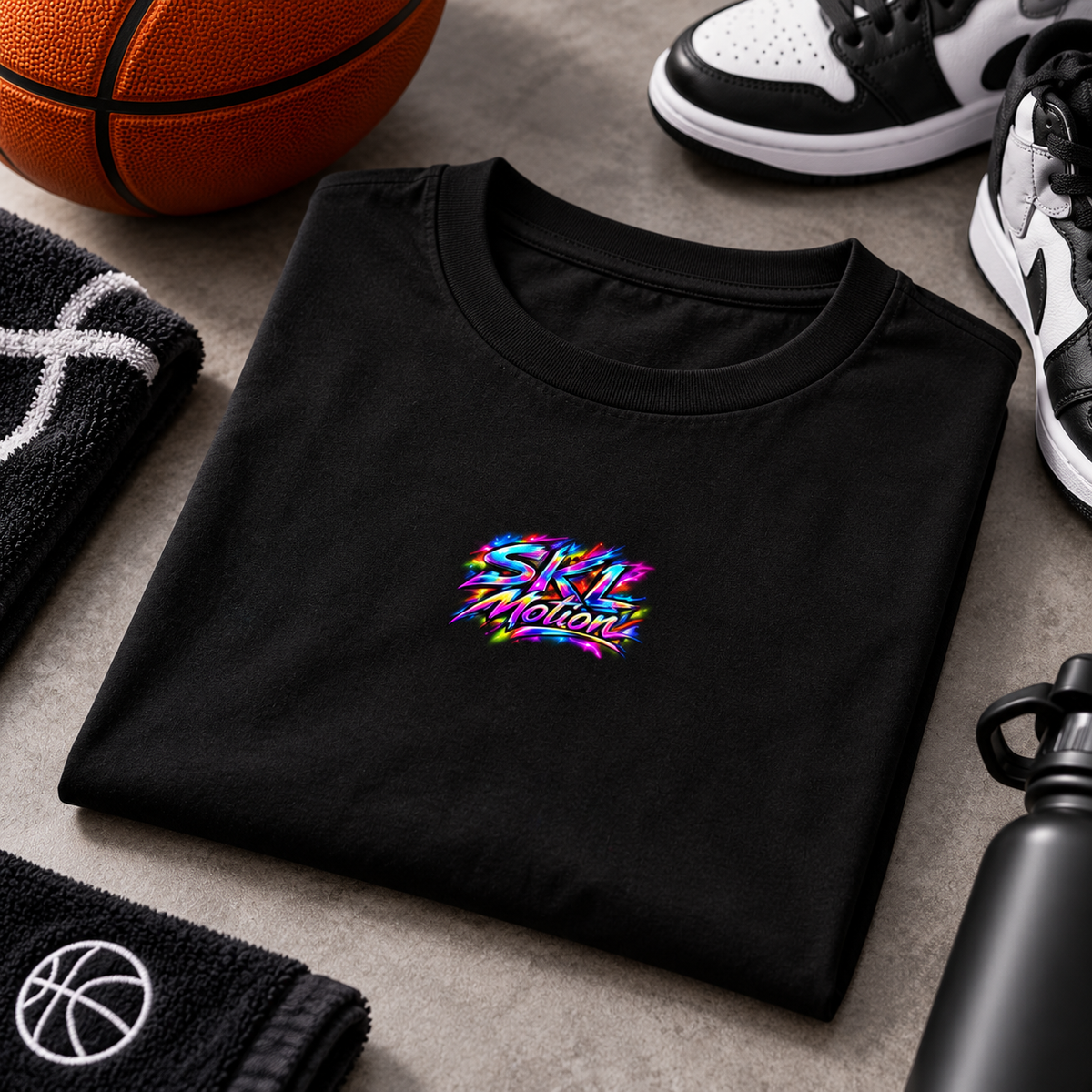 T-shirt basketball noir SKL Motion plié avec accessoires de basketball