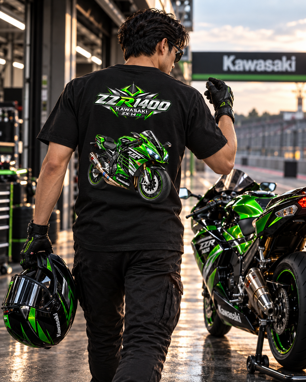 T-shirt Kawasaki ZZR1400 — vue dos en action